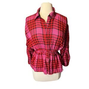 We The Free By Free People Women's Pink Red Pacific Dawn Plaid Shirt Size XS